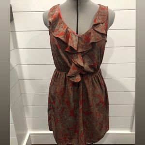 Red and brown floral print ruffle dress